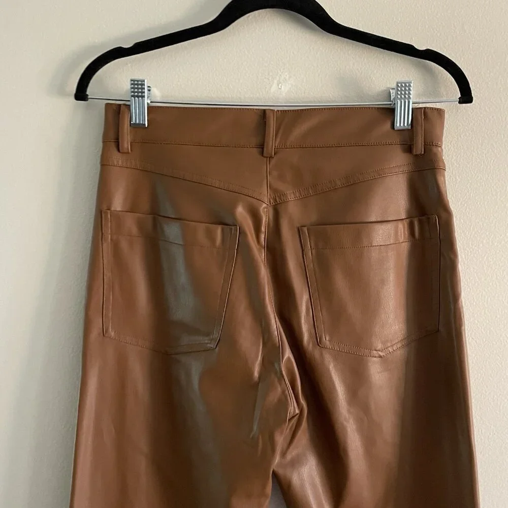 Zara Women S Caramel Brown Faux Leather 90s High-Rise Straight Leg Pants